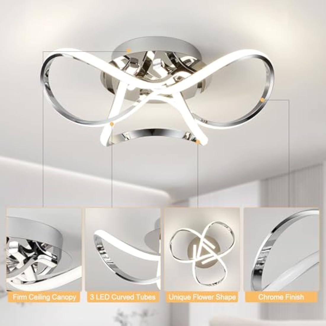 AUROLITE AL1016D Contemporary LED Chrome Semi Flush Ceiling Light, 36W 2200LM, Dimmable, 4000K Cool White, Modern Swirl Design, Ideal for Lounge, Living Room and Bedroom, 36 W