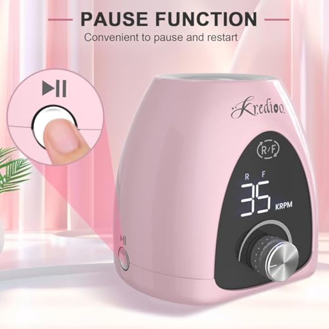 Kredioo Professional Electric Nail Drill Machine 35000RPM Electric Nail Files for Acrylic Nails Gel Nails Manicure Pedicure Salon E File Kit with Pause Button LED Display, 36W, UK Plug, Rose Pink