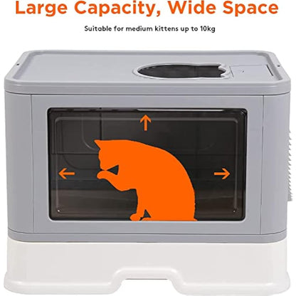 BingoPaw Cat Litter Tray Box: Foldable Large Top Entry Anti-Splashing Kitten Litter Box with Lid - Enclosed Hooded Kitty Potty - Drawer Type Cats Toilet Easy Cleaning with Scoop Grey