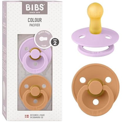 BIBS Colour Soother 2-Pack, BPA Free Dummy Pacifier, Round Nipple. Natural Rubber Latex, Made in Denmark, Size 2 (6-18 Months), Violet Sky/Pumpkin