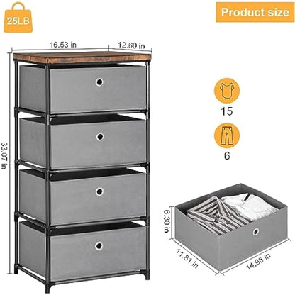 LIANTRAL Dresser with 4 Drawers, Fabric Chest of Drawers Storage Tower, Large Capacity Chest Cabinet Organizer Unit for Bedroom, Dorm, Hallway, Grey
