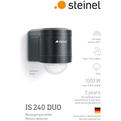 Steinel IS 240 DUO black - motion detector with 240° angle of coverage and max. 12 m range, infrared motion detector for indoor and outdoor use, incl. corner wall mount, 602710