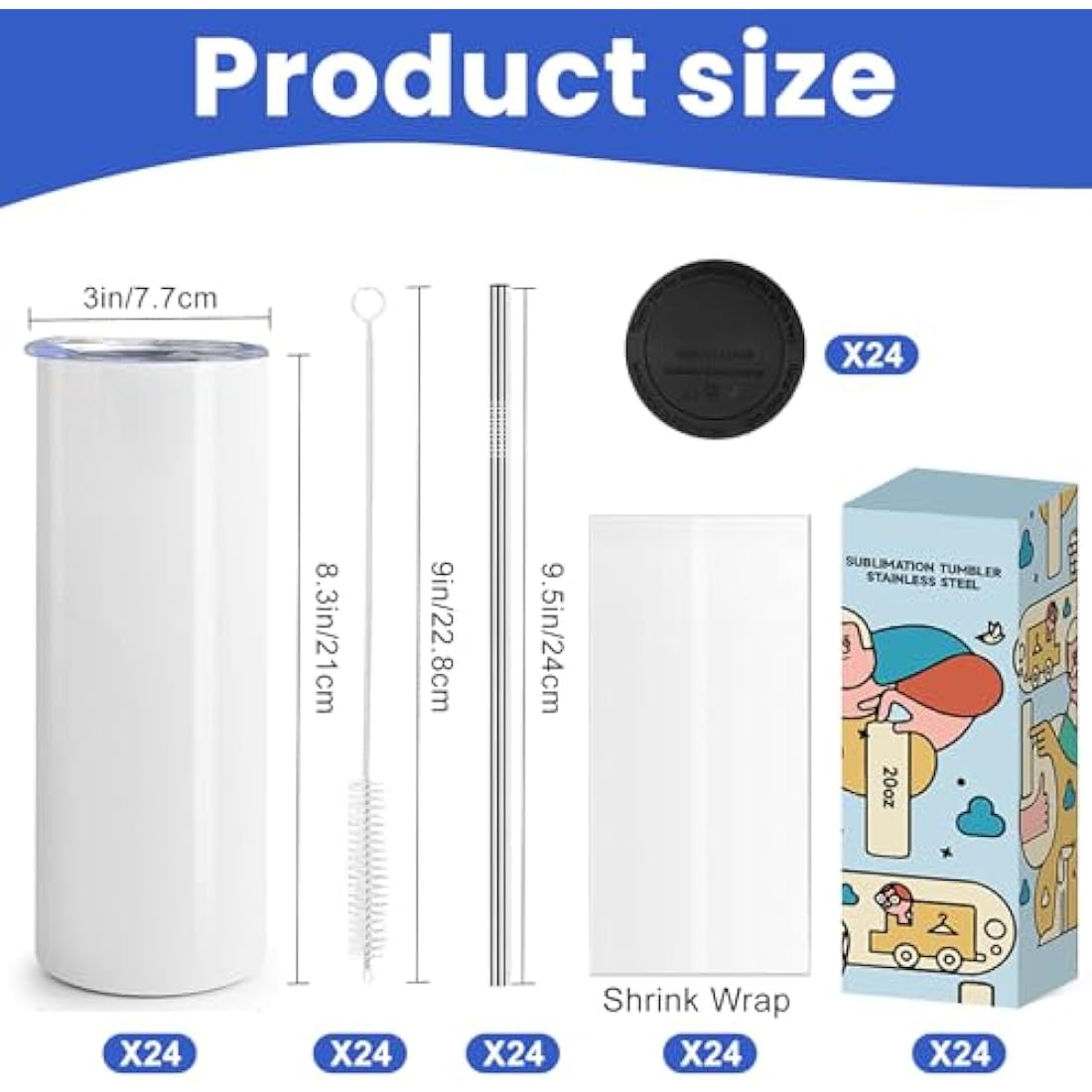 Cafultgo 20OZ Sublimation Cup, Set of 24 Sublimation Blanks Skinny Tumbler 20 OZ White Straight Bulk Stainless Steel Tumbler, with Lid and Straw, Shrink Wrap, Individually Boxed, Blank White（24PCS）