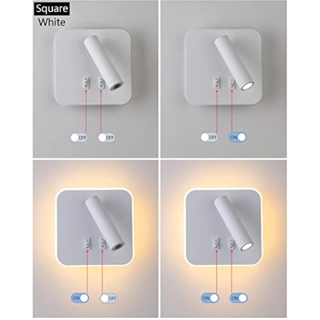 uksunvi LED Wall Mounted Lamp,Bedside Reading Wall Light,12W LED Wall Lamp, Adjustable Spotlight （3W +9W 3000K Warm Light） (White Square)