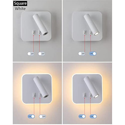 uksunvi LED Wall Mounted Lamp,Bedside Reading Wall Light,12W LED Wall Lamp, Adjustable Spotlight （3W +9W 3000K Warm Light） (White Square)