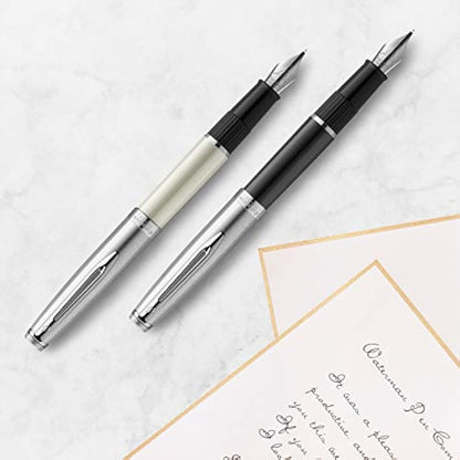 Waterman Emblème Deluxe Fountain Pen, Gold with Chrome Trim, Fine Nib with Blue Ink Cartridge, Gift Box