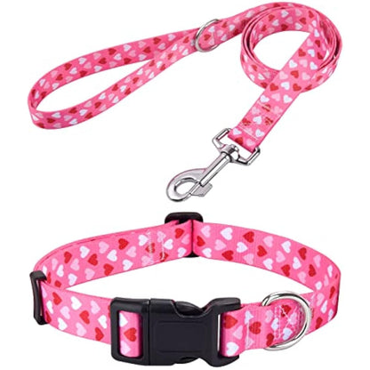 Mihqy Valentine's Day Dog Collar and Lead Set - Adjustable Heart Dog Collar - Love Theme - Perfect for Small Medium Large Dogs(Pink Heart Set,M)
