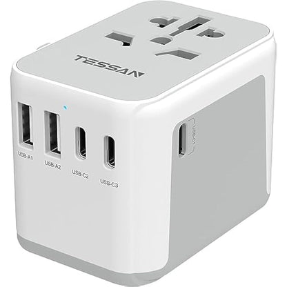 TESSAN Universal Travel Adapter 28W, Worldwide Plug Adaptor with 2 USB A and 3 USB C Ports, International Travel Adapter for EU, UK, USA, AU, Power Socket Charger for Multi Countries, Grey White