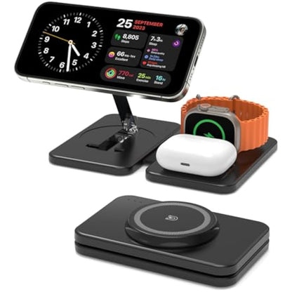 GEEKERA Charger for MagSafe, 3 in 1 Wireless Charging Station for iPhone 16/15/14/13/12/Pro Max, Magnetic Charger Stand for Apple Watch Ultra-2, Multi Travel Charging Dock for AirPods Pro 2-2-Black