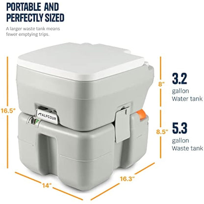Alpcour Portable Toilet – Compact Indoor & Outdoor Commode w/Travel Bag for Camping, RV, Boat & More – Piston Pump Flush, 5.3 Gallon Waste Tank, Built-In Pour Spout & Washing Sprayer for Easy Cleaning