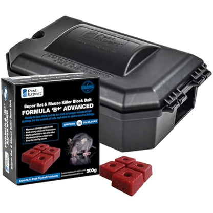 Pest Expert Rat/Mouse Killer Poison Bait Blocks (300g - 15 Blocks) Single Feed Fast-Acting Rat Poisoning Super Strength for Indoor/Outdoor Use & Heavy-Duty Rat Bait Box Station for Safe Control