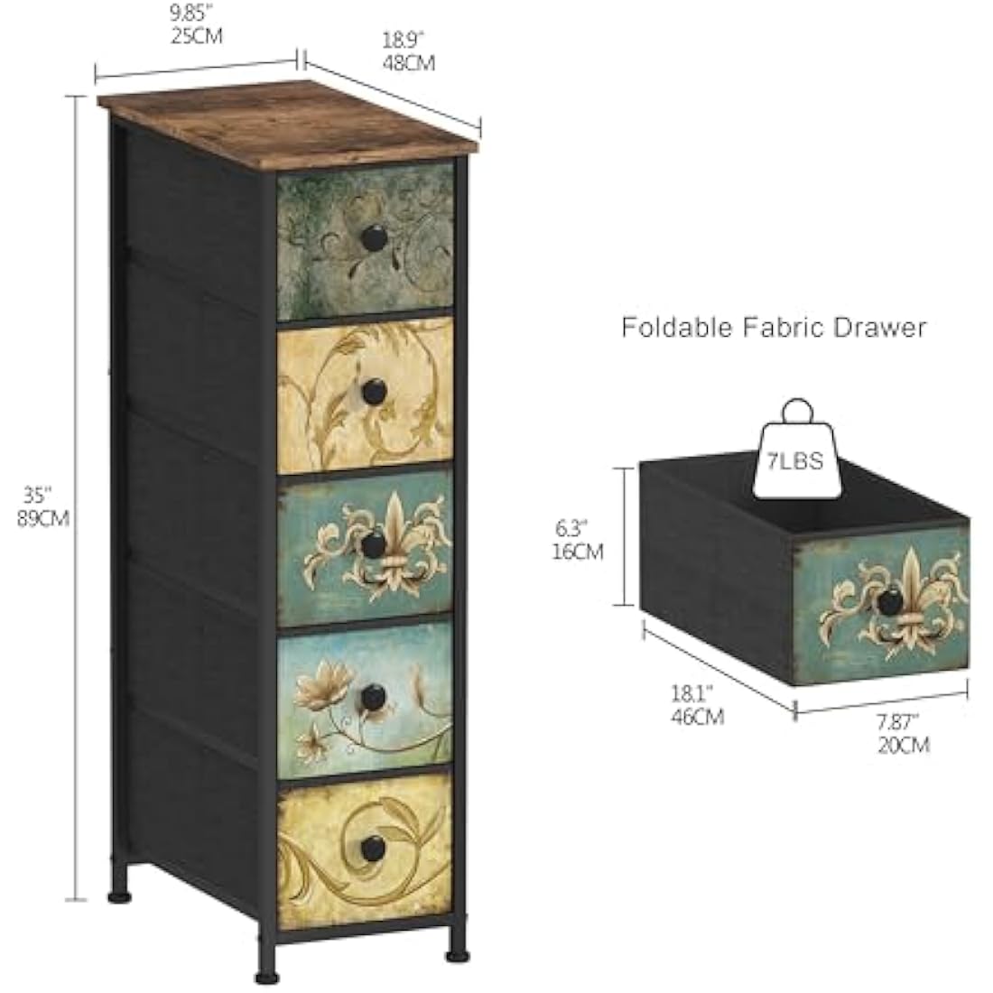 VEDECASA Chest of Drawers with 5 Drawer Narrow Dressers for Bedroom Small Place Storage Tower Unit Bedroom Drawers for Bathroom Kitchen Living Room Hallway Entryweay Wooden Top Sturdy Metal Frame