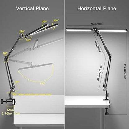 CHICLEW LED Desk Lamp for Home Office, 24W Swing Arm Double-Head Table Lamps, 3 Colors Lighting & Stepless Dimming Architect Reading Desk Light, Adjustable Eye-Caring Clamp Light for Study Work
