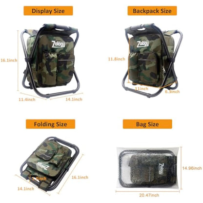 Zology Folding Camping Chair Stool Backpack with Cooler Insulated Picnic Bag, Camouflage Portable Hiking Seat Table Bag for Outdoor Indoor Fishing Travel Beach BBQ