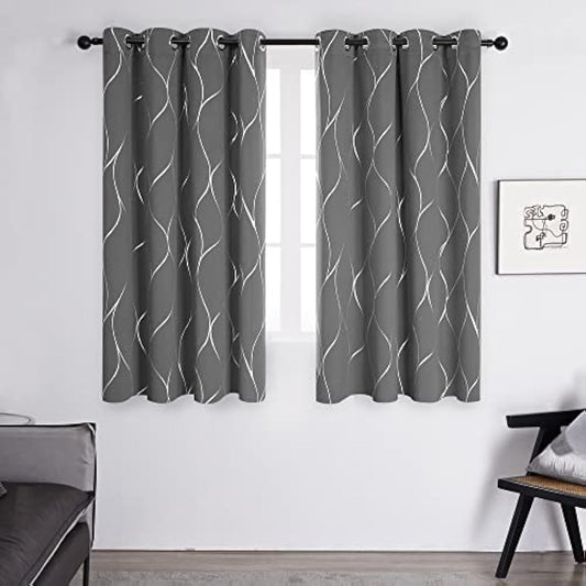 Deconovo Light grey Eyelet Curtains 66 x 54 Inch, Thermal Insulated Blackout Curtains, Silver Wave Line Foil Printed Curtains for Bedroom, 66 x 54 Inch(Width x Length), 2 panels