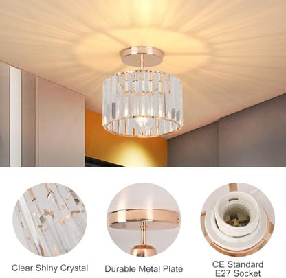 ZYDTRIP Crystal Ceiling Light Fixture Semi Flush Mount Ceiling Lamp Modern Gold Crystal Chandelier for Living Room Hallway Dining Room Kitchen