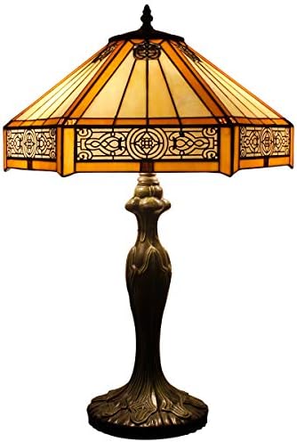 Tiffany Lamp Yellow Hexagon Stained Glass Mission Style End Coffee Table Lamps Bookcase Reading Lighting Lampshade Antique Base W16 H24 Inch Living Room Bedroom Bedside Desk S011 WERFACTORY