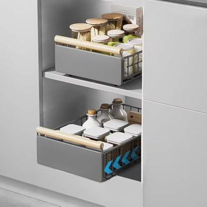 Pull Out Cabinet Organiser, pull out kitchen storage Foldable, Kitchen Cupboard Organiser with Handle, No Drill Adjustable Drawers, Slide Out Drawers for Kitchen Cabinets, grey, 23.5*19.5*39.5~56.5cm