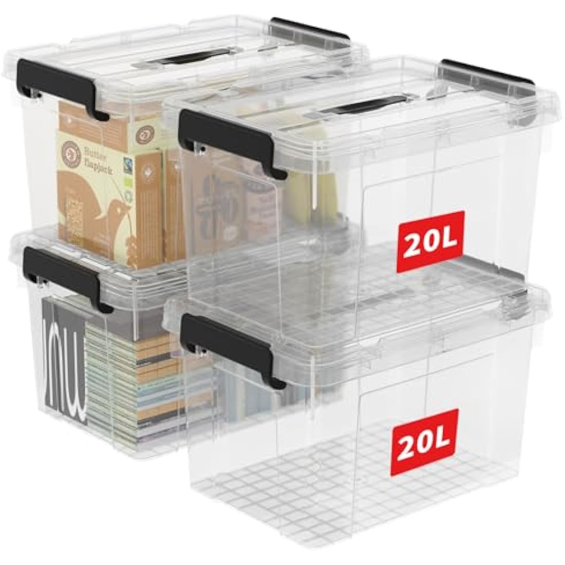 Cetomo 20L*4 Storage Boxes, Carry Plastic Storage Box with Lids, Organizing Container with Handle and Secure Latching Buckles, Stackable, Nestable, Tote Bin for Home Office Clothes, 20L-4Pack, Clear