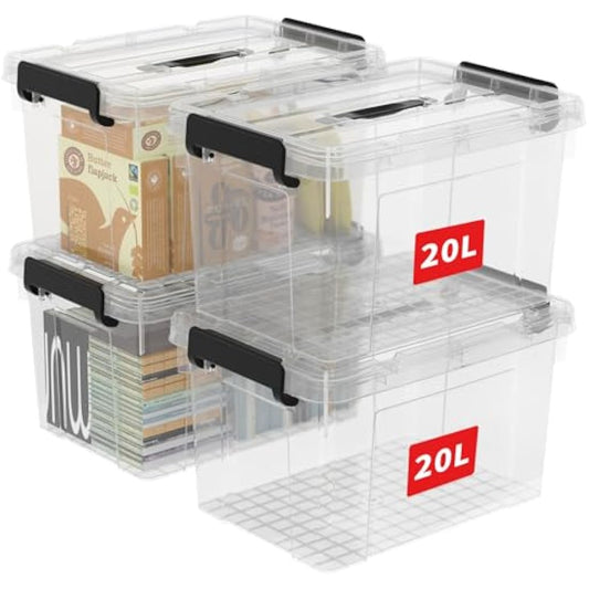 Cetomo 20L*4 Storage Boxes, Carry Plastic Storage Box with Lids, Organizing Container with Handle and Secure Latching Buckles, Stackable, Nestable, Tote Bin for Home Office Clothes, 20L-4Pack, Clear