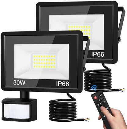 vighep Security Lights Outdoor Motion Sensor, 30W Led Pir Floodlight with Remote Control, 6500K Cold White IP66 Waterproof Outside Wall Light Mains Powered for Garage Backyard Garden Doorway-2Pack