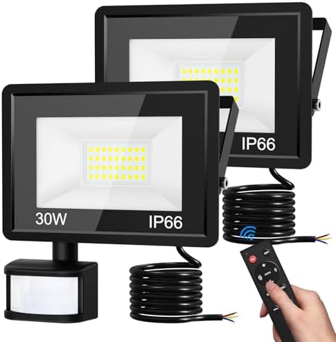 vighep Security Lights Outdoor Motion Sensor, 30W Led Pir Floodlight with Remote Control, 6500K Cold White IP66 Waterproof Outside Wall Light Mains Powered for Garage Backyard Garden Doorway-2Pack