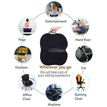 Travel Ease Ergonomic Seat Cushion, Premium Memory Foam Chair Pad with Anti-Slip Base for Long Hours Sitting Comfort, Hip Support Pillow for Office Chair, Car Seat, Gaming Chair (Black)