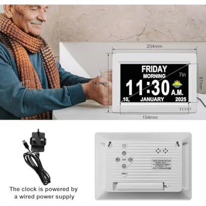 YCOO Dementia Clock, Day Date Digital Clock with Sun/Moon Icons, Large Clear Digital Display, Auto DST, 7 Display Modes, Wired Power Supply Clocks. (7 Inch White)
