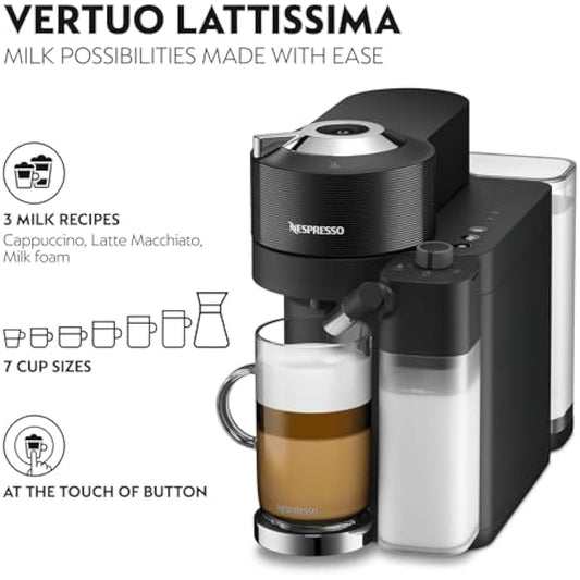 Nespresso Vertuo Lattissima Coffee Machine by De'Longhi for Vertuo Coffee Pods, Latte, Cappuccino, Integrated Milk Frother, Starter Capsule Set Included, ENV300.B, Black