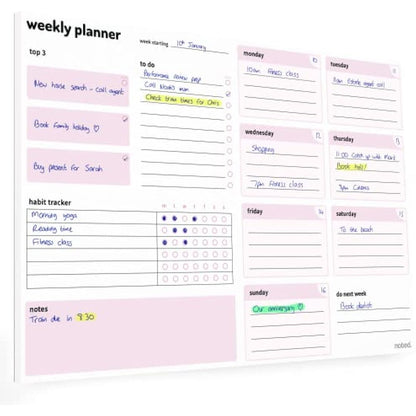Weekly Planner Pad with daily planning sections - A4 52 sheets 100gsm paper - Undated Calendar Pad with Habit Tracker, To Do, Priority Lists and Notes - For work home and study revision