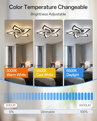 YUNLONG Smart Ceiling Fans with Lights Compatible with Alexa and Google Assistant, Ceiling Fans with Lamps and Remote, Reversible DC Motor, 6 Speed, Dimmable, Memory Function, for Bedroom, Black