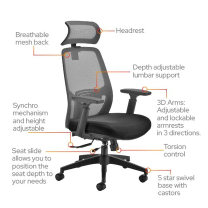 Office Hippo Ergonomic Mesh Office Desk Chair, Desk Chair, Adjustable Ergonomic Swivel Chair with Headrest, Lumbar Support, 3D Arms & Tension Control