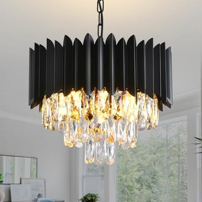 Modern Crystal Chandeliers 3-Tier K9 Round Crystal Chandeliers Light Fixture Small Black Ceiling Light Fixture for Dining Room Living Room Bedroom Entryway ，E14*5Light