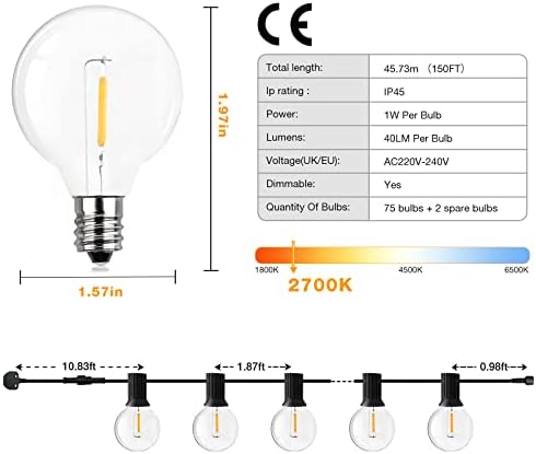GPATIO 150FT Garden Lights Mains Powered, 75+2 Pcs Warm White Plastic Light Bulbs Festoon Lights, G40 Outdoor String Lights Waterproof for Party, Wedding, Holiday Decoration etc.