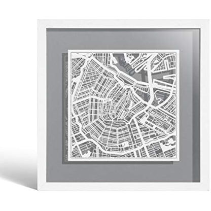 O3 DESIGN STUDIO Amsterdam Marco de Papel para mapas, White map, White frame, 9x9 inches, Gift Boxed, 4 background color, self-changing, Paper Art