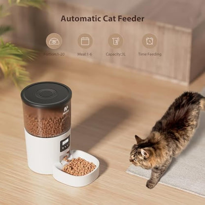IMIPAW Automatic Cat Feeder and Water Fountain, Timed Pet Dry Food Dispenser, Programmable Portion Control, 1-6 Meals Per Day, Cats Drinking Fountain with Filter, Small Pets, 3L Combo