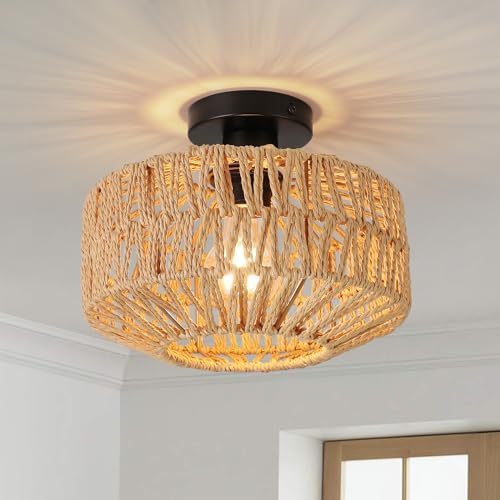 FORCOSO Rattan Ceiling Light, Boho Lamp with Natural Rattan Lampshade, E27 Vintage Chandelier Wicker Light Shade Fitting, Rustic Bamboo Lamp Fixtures for Living Room Bedroom Dining Kitchen Hallway