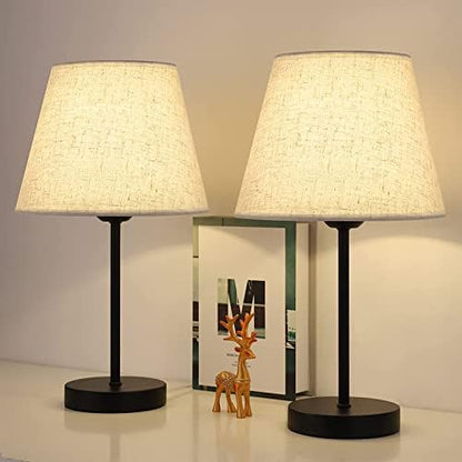 UOMIO Bedside Table Lamps Set of 2, Vintage lamp Small Desk Lamps with Linen Fabric Lampshades and Metal Base, On-Off Switch, Pair of Side Lamps for Bedroom, Living Room, Office