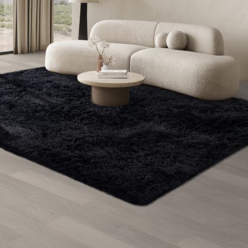 JOJOSEE Rugs Living Room, 160 x 230 cm Black Area Rug, Anti Slip Soft Fluffy Shaggy Extra Large Floor Carpets Mat for Bedroom, Nursery Bedside(Black,