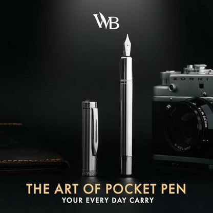 Wordsworth and Black Fountain Pen Mini EDC: Luxury Silver Heavy Pocket Pen, Chrome Finish, Medium Nib, 6 Ink Cartridges, Ink Converter, Travel Refillable Writing Pen Gift Set, Men & Women