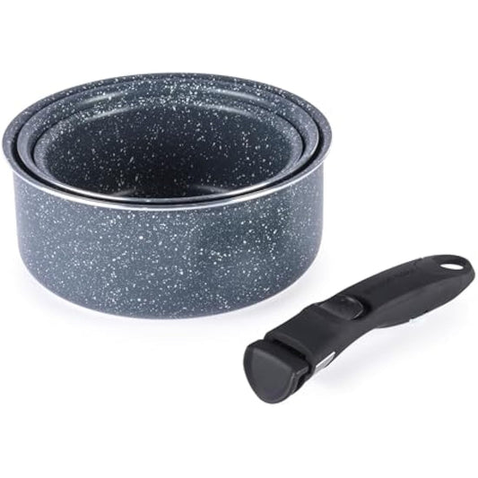 Russell Hobbs Nightfall Stone Saucepan Set – Smart Clip Non-Stick Pans, 16cm, 18cm, 20cm, Stay Cool Detachable Handle, Oven to Hob to Table Cooking, Space Saving Stackable Cookware, RH03294EU7