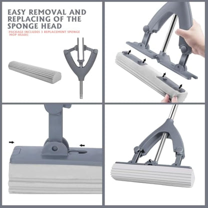 Masthome Sponge Mop and Buckets Sets, Floor Mops with 3pcs Super High Absorption Sponge Heads,Lazy Squeeze Mop Bucket with 135cm Extendable Handle for Laminate, Tile, Hardwood Floor Cleaning