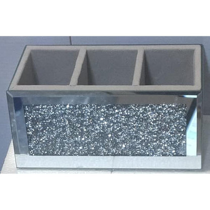 EagleWiz Crushed Diamond Jewel Brush Holder Organiser Beauty Box, 3 Compartment Makeup Storage Box, Silver