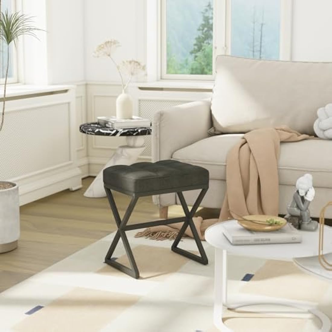 YMYNY Vanity Stool, Linen Footrest, Square Ottoman Bench with X-Shaped Metal Legs, Small Side Table Makeup Dressing Seat for Living Room, Bedroom, Entryway, Hallways 40×30×46CM Black HBD033B