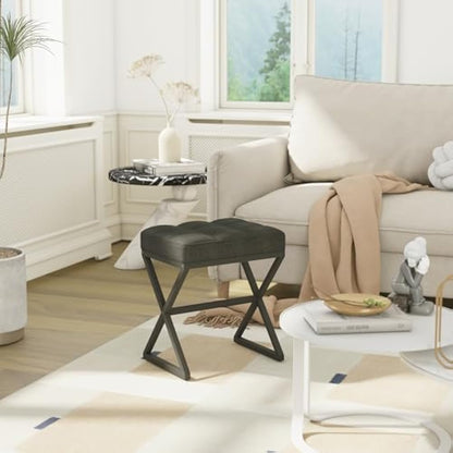 YMYNY Vanity Stool, Linen Footrest, Square Ottoman Bench with X-Shaped Metal Legs, Small Side Table Makeup Dressing Seat for Living Room, Bedroom, Entryway, Hallways 40×30×46CM Black HBD033B