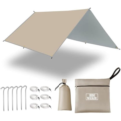 HIDEWALKER Camping Tarp Shelter 3x3m 3x4m 3x5m Lightweight Tent Tarpaulin Waterproof Tent Awning Canopy Basha Sunshade for Hiking Backpacking (Khaki, 3x4m)