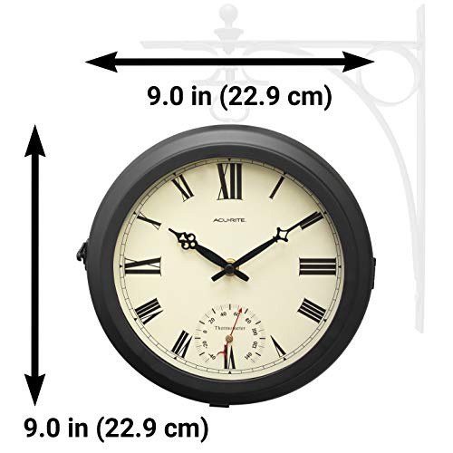 AcuRite Double-Sided Clock with Thermometer for Patio, Metal, Black