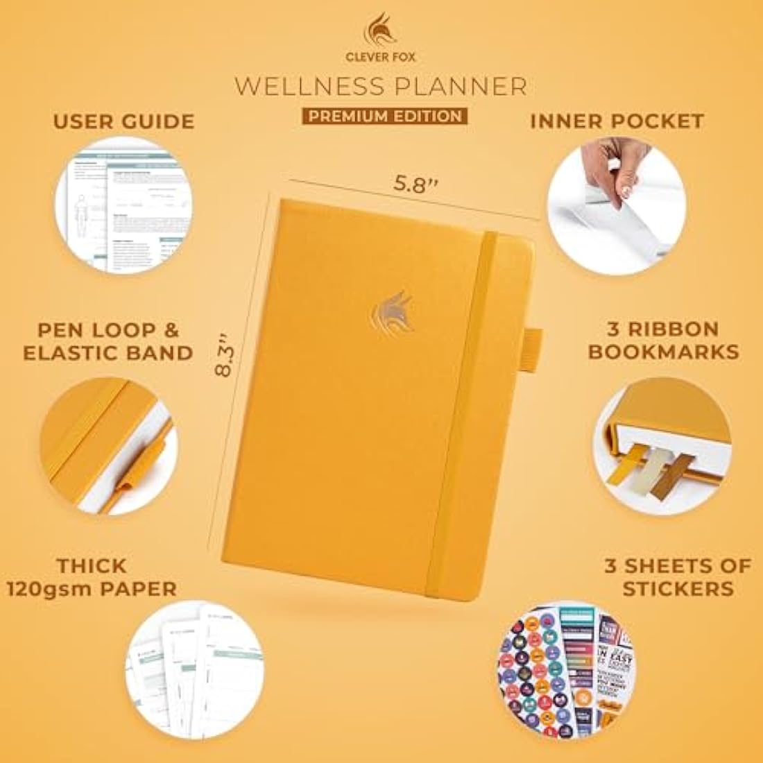 Clever Fox Wellness Journal – Weekly & Daily Health and Wellness Log, Food Journal & Meal Planner Diary for Calorie Counting, A5 (Amber Yellow)