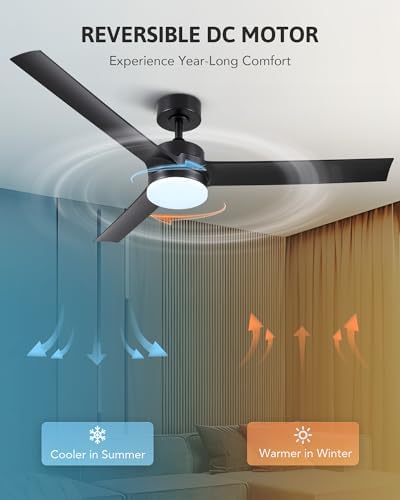 VONLUCE Ceiling Fans with Lights, 52 Inch Modern Ceiling Fan and Remote, 6 Speed Reversible Quiet DC Motor, Ceiling Fan for Bedroom Patio, Indoor & Outdoor, Black