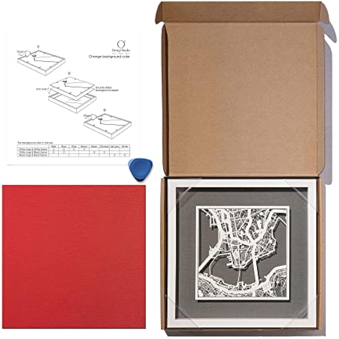 O3 DESIGN STUDIO Birmingham Paper Cut Map framed, Black map, Black frame, 23x23 cm, Gift Boxed, 2 background color, self-changing, Paper Art